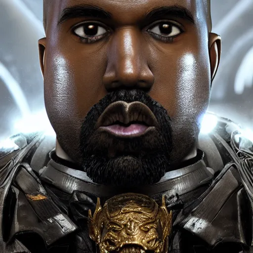 Image similar to Portrait of Kanye West as the emperor of humanity from warhammer 40k in Gears of War, splash art, movie still, cinematic lighting, dramatic, octane render, long lens, shallow depth of field, bokeh, anamorphic lens flare, 8k, hyper detailed, 35mm film grain
