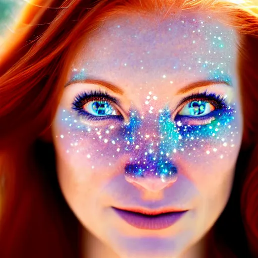 Prompt: close up portrait photo of the left side of the face of a redhead woman with galaxy of stars in her eyes, she looks directly at the camera. Slightly open mouth, face covers half of the frame, with a park visible in the background. 135mm nikon. Intricate. Very detailed 8k. Sharp. Cinematic post-processing. Award winning photography