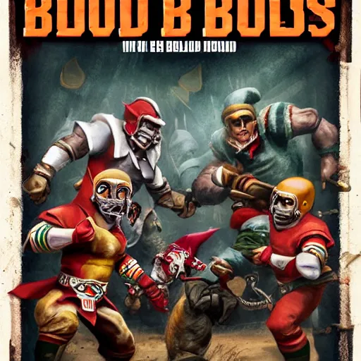 Image similar to blood bowl game poster, elves playing versus humans, intense game, nfl style, high quality, in style of tarantino