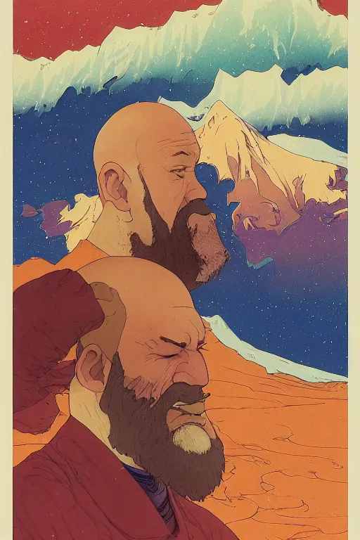 Image similar to a colorful closeup portrait of a bald man with a huge beard tasting a blotter paper of lsd acid and dreaming psychedelic hallucinations in the vast icy landscape of antarctica, by kawase hasui, moebius and edward hopper, colorful flat surreal design, hd, 8 k, artstation