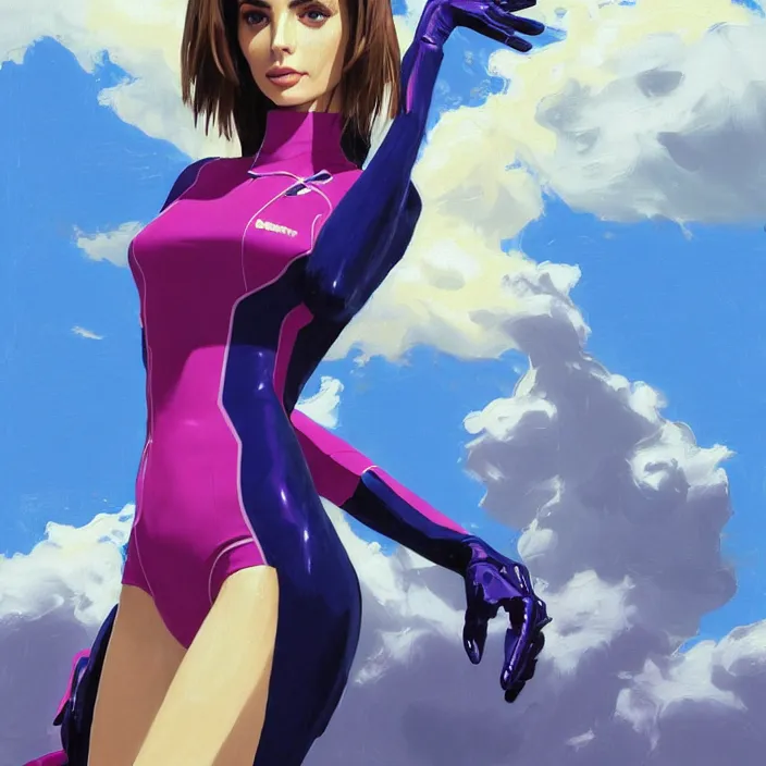 Image similar to full body portrait of a combination of Ashley Greene, Victoria Justice and Adriana Dxim, Grace Kelly and Lily Collins wearing a Plugsuit from Neon Genesis Evangelion, countryside, calm, fantasy character portrait, dynamic pose, above view, sunny day, thunder clouds in the sky, artwork by Jeremy Lipkin and Giuseppe Dangelico Pino and Michael Garmash and Rob Rey and Greg Manchess and Huang Guangjian, very coherent asymmetrical artwork, sharp edges, perfect face, simple form, 100mm