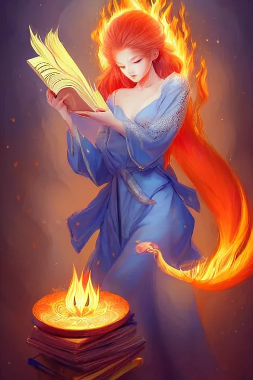 Image similar to gorgeous!!! hyper - realstic kitsune, divine, sorceress, holding a tattered magical book, casting a flame spell, blue flames | drawn by wlop, drawn by jeehyung lee, drawn by artgerm | fantasy, dark, intricate, highly detailed, digital painting, character design, concept art, illustration, artstation