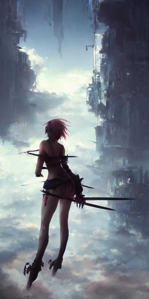 Image similar to back shot of beautiful girl gazing back, holding two swords. by wlop. artstation contest winner, cinematic paint. lower shot. dramatic cloud in background. cyberpunk