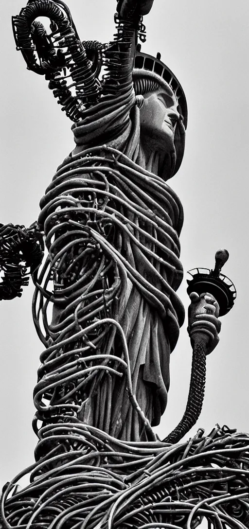 Image similar to the statue of liberty overtaken by black tendrils and mechanical parts, body horror, horror, scary, dark, creepy,