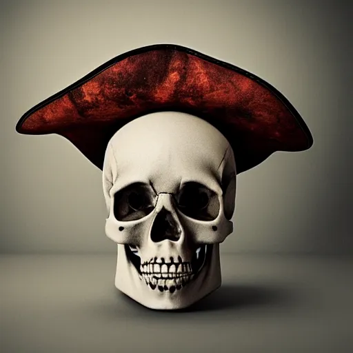 Image similar to 8K Photograph from a skull with a pirate hat