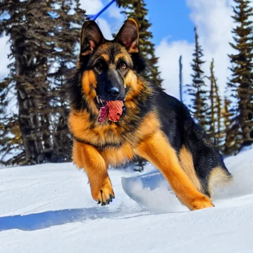 Prompt: german shepard dog skiing down edith cavel mountain, edith cavel, alberta mountain, rocky mountain, mountain, in the disney cartoon style, high definition, bright colours,