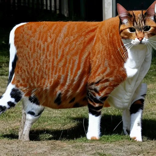 Image similar to a cat that is also a cow, cat cow, fusion between a cow and cat