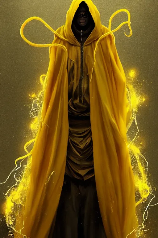 Image similar to A full body portrait of a mysterious character with no face with a very long hooded yellow cloak, a golden crown floating above his head tentacles coming out the ground art by Maciej Kuciara and Jason Chan, ominous, cosmic horror, trending on artstation, Ultra detailed, hyper realistic 4k