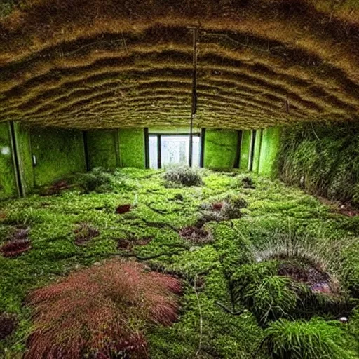 Image similar to abandoned, overgrown, underground bunker, room with mutated sundew plants, beautiful, underground