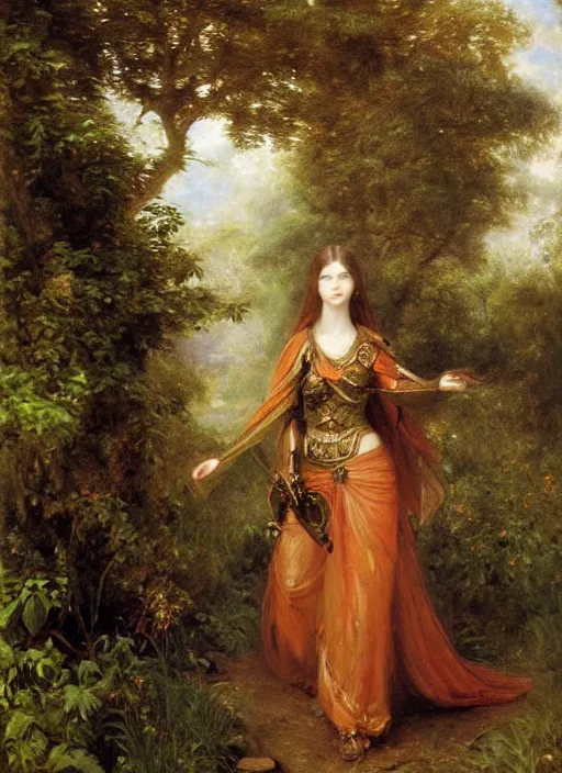 Prompt: woman in dark princess dragon armor, walking on the mystical garden, portrait. by william henry hunt