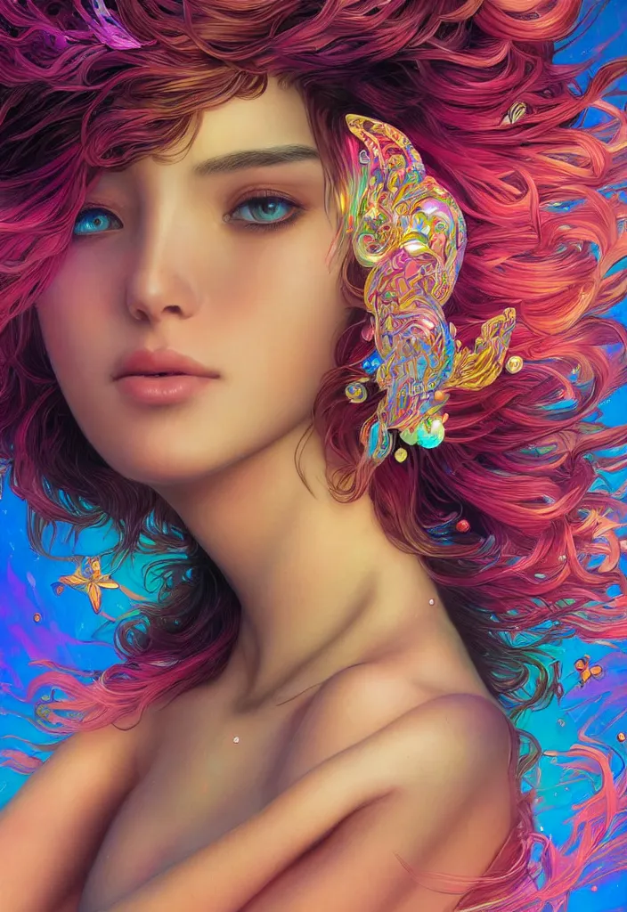 Image similar to beautiful, young woman, detailed gorgeous face, vaporwave aesthetic, synthwave, colorful, psychedelic, water droplets, feathers, crown, artstation, concept art, smooth, extremely sharp detail, finely tuned detail, ultra high definition, 8 k, unreal engine 5, ultra sharp focus, illustration, art by artgerm and greg rutkowski and alphonse mucha