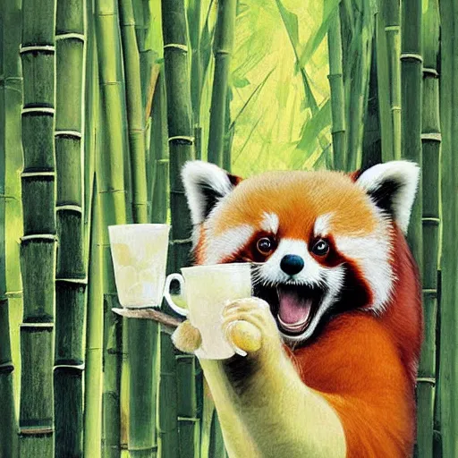 Prompt: digital art | a happy laughing red panda, holding a bubble milky colong tea, surrounded by bamboo leaves and bamboo branches. circular crop, symmetrical, rule of thirds | by gregory manchess, james gurney, james jean