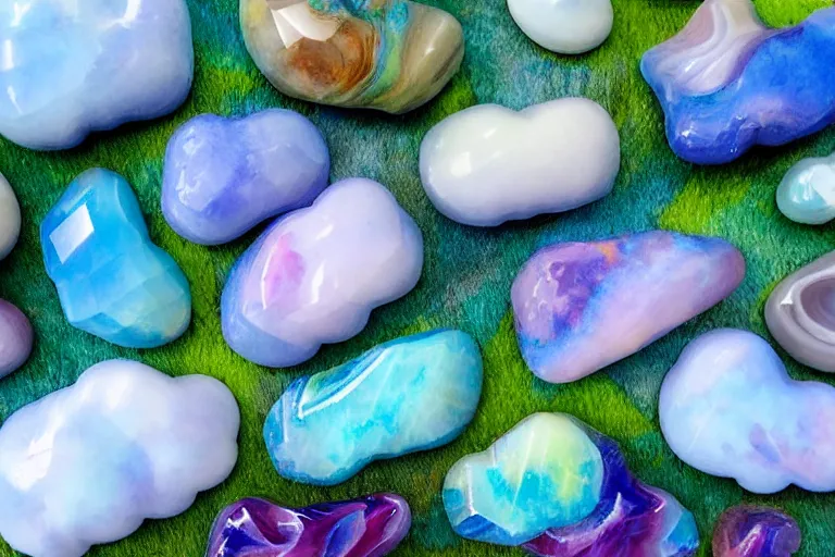 Image similar to a huge flock of many smooth puffy filigreed clouds. whirling ultra detailed gemstone crystals, art nouveau jungle environment, playful, award winning art, epic dreamlike fantasy landscape, ultra realistic,