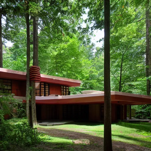 Image similar to house designed by frank lloyd wright, forest