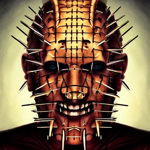 Prompt: portrait of a pinhead hellraiser by Artgerm, H R Giger, not scarry, digital painting, concept art, kawaai, summertime, smiling, warm tones, depth of field, color bleed, dramatic light