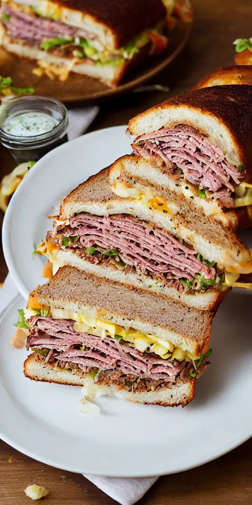 Image similar to a photograph of a rueben tower sandwich filled with so much 4 lbs of cornbeef roasted meat that the sandwich, it looks mouth watering with melting cheeses and grilled onions, 1 0 0 0 island dressing and pumpernickle bread cooked to perfection, food photography