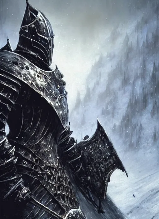 Image similar to folk horror illustration of the ancient boreal knight Vordt (armored knight of frost and death) from dark souls 3, art by greg rutkowski, art by craig mullins, art by thomas kincade, art by Yoshitaka Amano