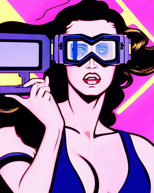 Prompt: closeup beautiful retro future megan fox wearing augmented reality goggles, glamour pose, jetsons, windblown dark hair, seductive, hyper detailed, digital art, studio lighting, smooth, ambient volumetric lighting, sharp focus, dan mumford, alphonse mucha, patrick nagle, 1 9 8 6, gta v, synthwave