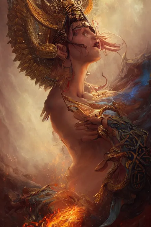 Image similar to beautiful girl sorcerer looking up with fire and golden dragon skin, celtic rune tattoos, casting magic spell, angel, fantasy, magic the gathering, hyper detailed, 3 d render, hyper realistic detailed portrait, peter mohrbacher, wlop, ruan jia, luis royo