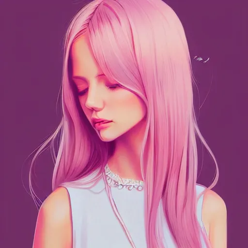 Image similar to adult female in summer dress art, pastel light pink very long hair, muted colors, matte print, pastel colors, ornate, digital art, digital painting, fan art, elegant, artstation, head is centered, by Ilya Kuvshinov