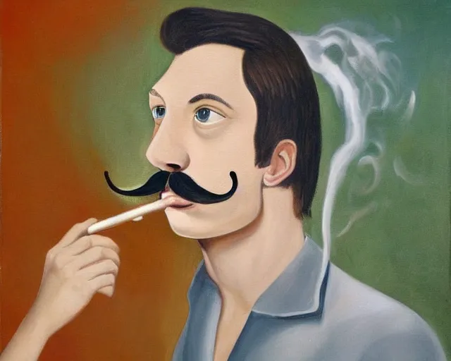 Prompt: a surreal painting of a young man with a handlebar mustache smoking a joint