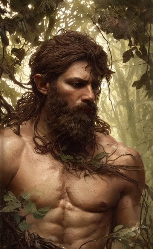 Image similar to god of the forest, 3 0 years old, rugged, handsome, male, detailed face, clean lines, atmospheric lighting, amazing, full body, flowers, muscular, intricate, highly detailed, digital painting, artstation, concept art, sharp focus, illustration, art by greg rutkowski and alphonse mucha