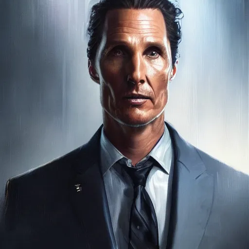 Prompt: portrait of a man by greg rutkowski, matthew mcconaughey as a ceo of weyland - yutani aliens franchise, he is about 5 0 years old, wearing futuristic office suit, highly detailed portrait, digital painting, artstation, concept art, smooth, sharp foccus ilustration, artstation hq