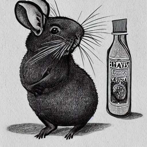 Image similar to a pen and ink drawing of a happy chinchilla excitedly holding aloft a bottle of hot sauce