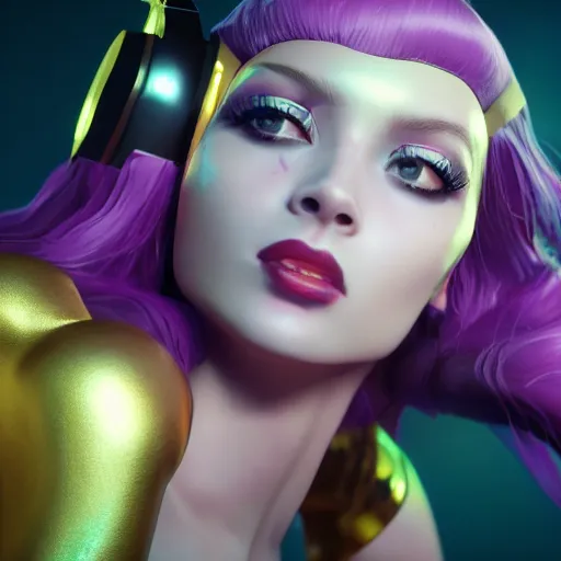 Prompt: still of pretty KDA More Lux (wild rift) close up in music video. 3d render, octane render, game art, realistic, highly detailed, trending on artstation, 4k, trending on artstation, pixar, cgsociety, unreal engine 5, redshift render, trending on artstation, blender, behance, cg