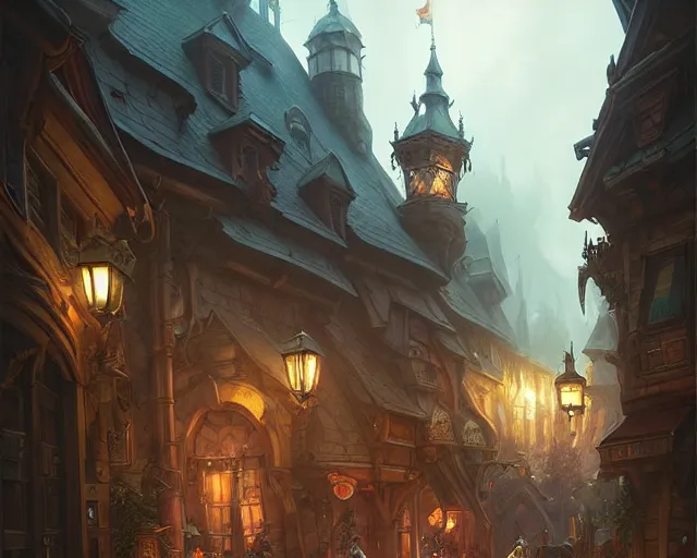 Image similar to fantasy town streets, cloudy, dark, natural lighting, deep focus, d & d, fantasy, intricate, elegant, highly detailed, digital painting, artstation, concept art, matte, sharp focus, illustration, hearthstone, art by artgerm and greg rutkowski and laura sava and alphonse mucha