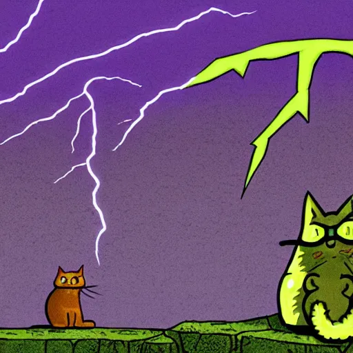 Image similar to a cat is sitting on a rock and looks at a total fallout city, while it is radioactive raining and a wild ghoul is coming nearby, there is a lightning which is purple