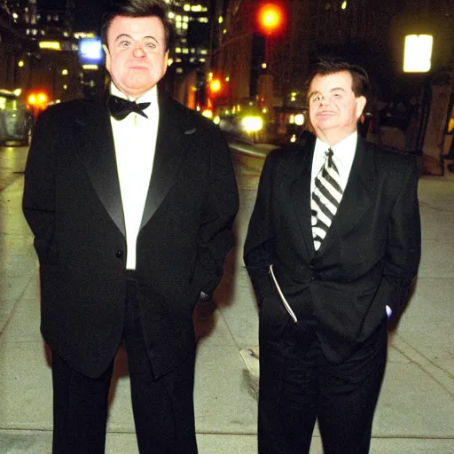 Prompt: 1 9 9 7 nathan lane wearing a black suit and necktie standing on the streets of chicago at night.