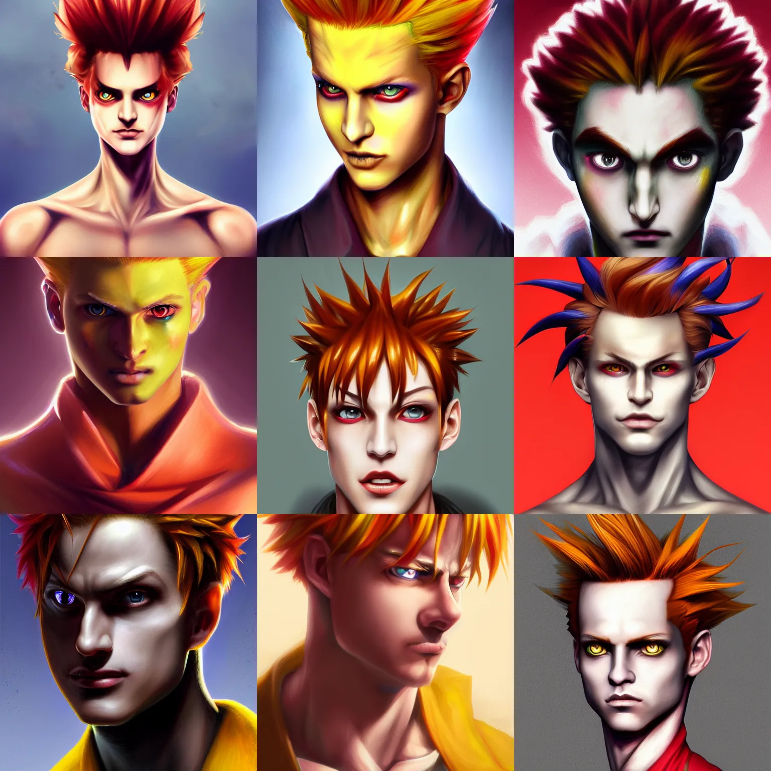 Prompt: portrait of hisoka morow hunter hunter madonna inspired, melon face 2 0 years old, male, very very sharp jaw yellow eyes very very narrow yellow iris red red red hair soft hair slicked back crimson medium length hair, anime highly detailed, digital painting, artstation sharp focus, illustration, art by artgerm and greg rutkowski