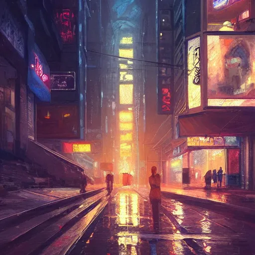 Prompt: an epic painting of the city street at night, oil on canvas, cold colors, perfect composition, golden ratio, beautiful detailed, photorealistic, digital painting, artstation, concept art, smooth, sharp focus, illustration, cyberpunk background, artstation trending, octane render, unreal engine