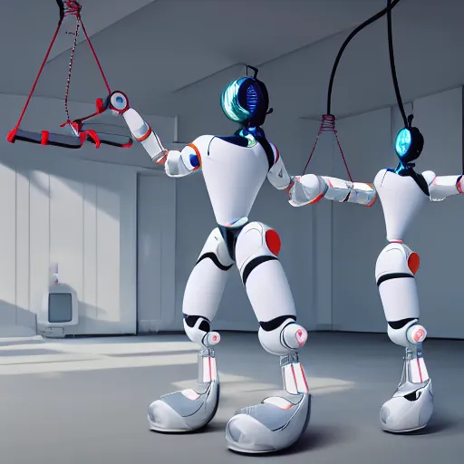 Prompt: three large white glossy kuka industrial robot arms in a gym swinging a jump rope for children, global illumination, artstation, fantasy