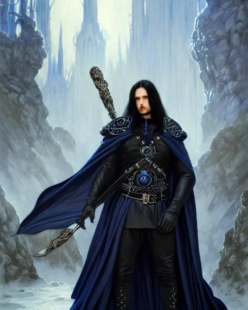 Image similar to handsome male mage fighting a giant, long black hair blue eyes wearing leather mantle gothic navy cloak with leather details, cliffside town, fantasy character portrait, ultrarealistic, intricate details, elegant, cinematic lighting, highly detailed, artstation, cgsociety, sharp focus, beautiful digital painting by artgerm, gerald brom, wlop, alphonse mucha