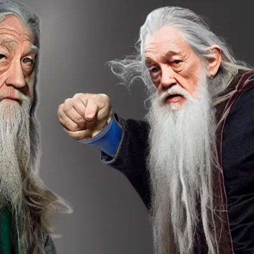 Prompt: photo of gandalf vs dumbledore boxing match