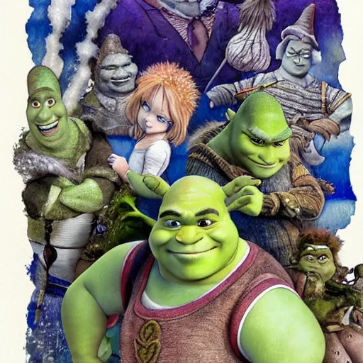 Image similar to Shrek 2 illustrated by Yoshitaka Amano highly detailed watercolor