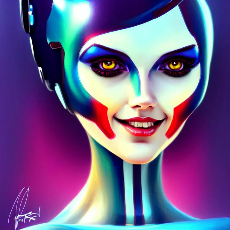 Image similar to android robot woman face painting, looking straight to camera, moderate colors, ornate, digital art, cute smile, winning artwork, digital painting, professional art, elegant, by Ilya Kuvshinov, by artgerm