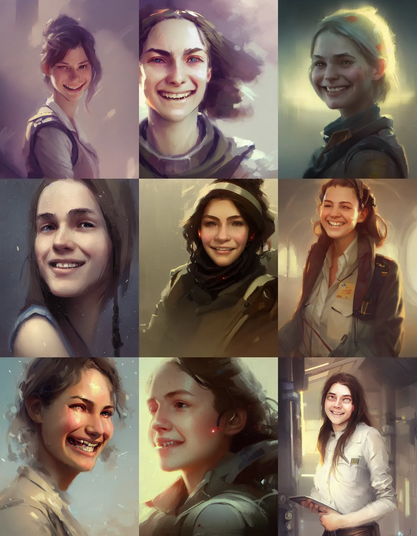 Prompt: young female train engineer, smiling, digital portrait by greg rutkowski, intricate, soft focus, highly detailed, cinematic, epic, artstation