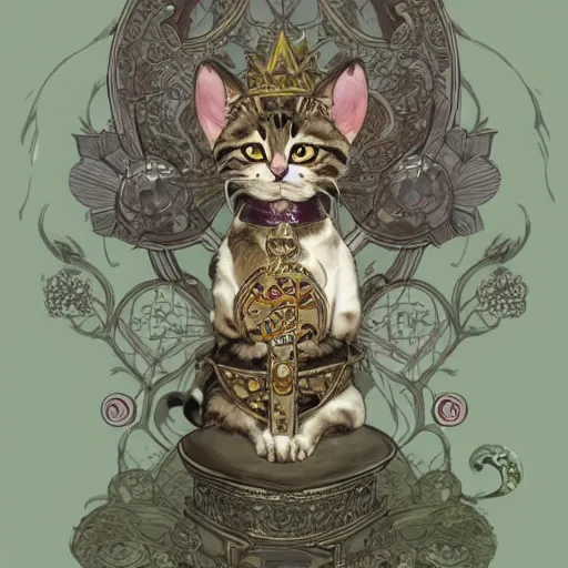 Image similar to A heraldic queen kitty cat with big cute eyes and her paw raised like a maneki-neko and flowers around, D&D, fantasy, intricate, cinematic lighting, highly detailed, digital painting, artstation, concept art, smooth, sharp focus, illustration, art by Akihiko Yoshida, Greg Rutkowski and Alphonse Mucha