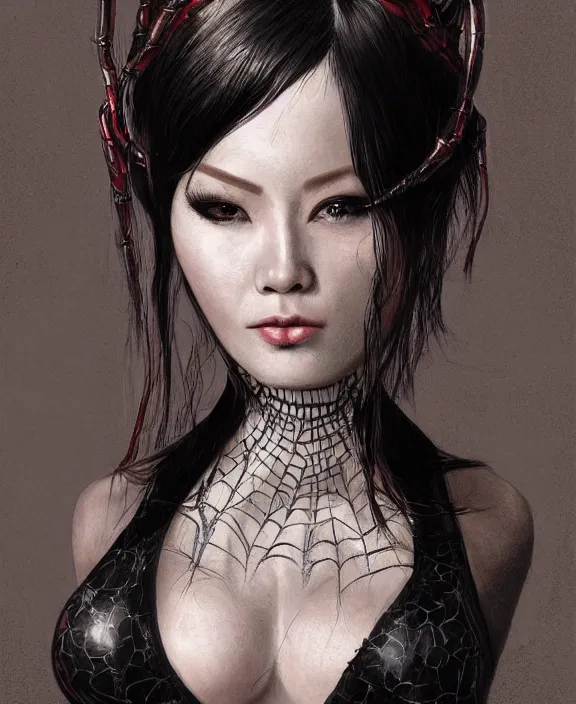 Image similar to a highly detailed portrait of a readhead, intricate latex set, spider, honey birdette, shibari, realistic portrait, deep focus, matte, digital painting, artstation, concept art, smooth, matte, sharp focus, cinematic lighting, art by artgerm and nobuyoshi araki and bianca beauchamp, francisco martan