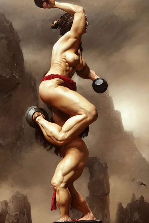 Image similar to muscular greek goddess, with her foot on top of a pile of dumbbells covered in blood - in the style of greg rutkowski, by Gustave Doré, by Marco Turini, by Artgerm, Deviantart in the style of Tom Bagshaw, Cedric Peyravernay, Peter Mohrbacher by William-Adolphe Bouguereau,4k,