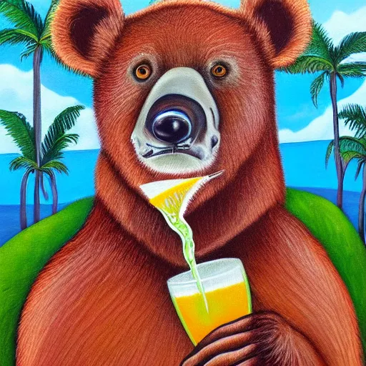 Prompt: bear drinking a pina colada from a coconut | award winning psychedelic oil painting on canvas