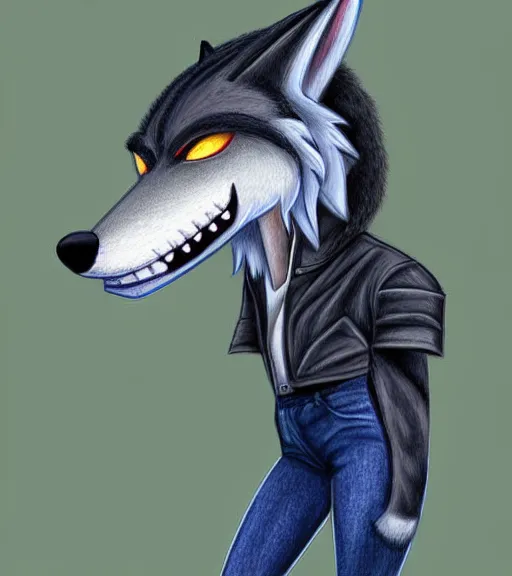 Prompt: expressive stylized master furry artist digital colored pencil painting full body portrait character study of the sergal wolf fursona animal person wearing clothes jacket and jeans by master furry artist blotch