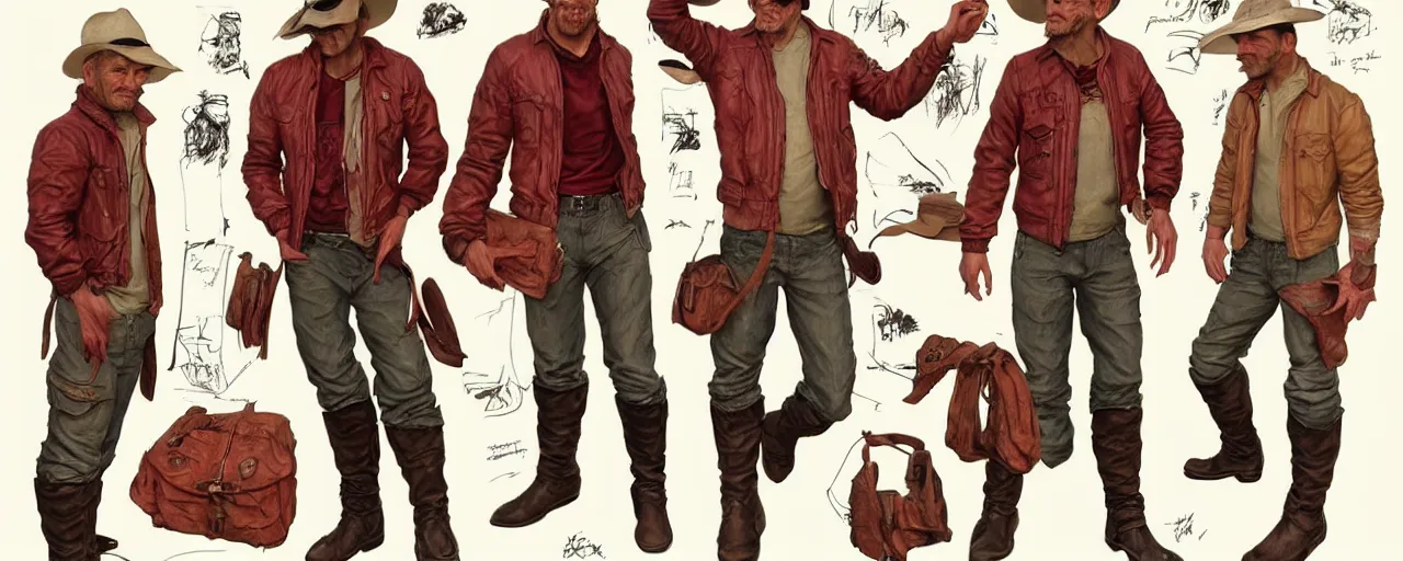 Image similar to character design, reference sheet, 40's adventurer, unshaven, optimistic, stained dirty clothing, straw hat, riding boots, red t-shirt, dusty rown bomber leather jacket, messenger bag, detailed, concept art, photorealistic, hyperdetailed, 3d rendering , art by Leyendecker and frazetta,