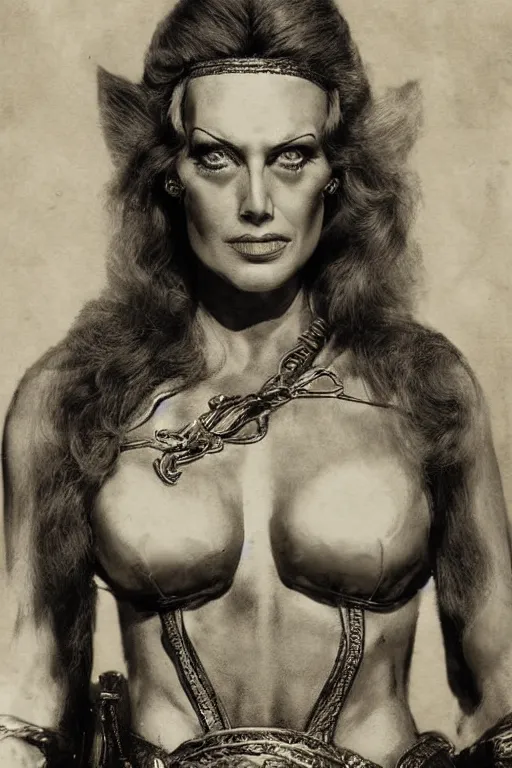 Image similar to teela from masters of the universe, portrait, full body, symmetrical features, silver iodide, 1 8 8 0 photograph, sepia tone, aged paper, sergio leone, master prime lenses, cinematic