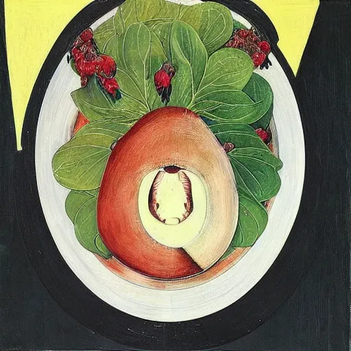 Prompt: “a portrait in an art student’s apartment, a feminine pig’s head in a large salad bowl, pomegranate, pork, ikebana white flowers, white wax, squashed berries, acrylic and spray paint and oilstick on canvas, by munch and Dali”