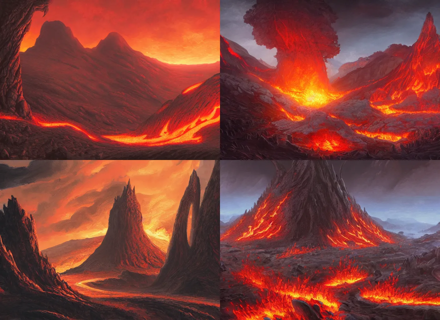 Prompt: artwork by John Avon and Rob Alexander of burning mountain of stone and lava and iron, Mountain Land Type (red land card artwork for Magic the Gathering), trending on artstation, illustration, 4k, smooth, sharp focus