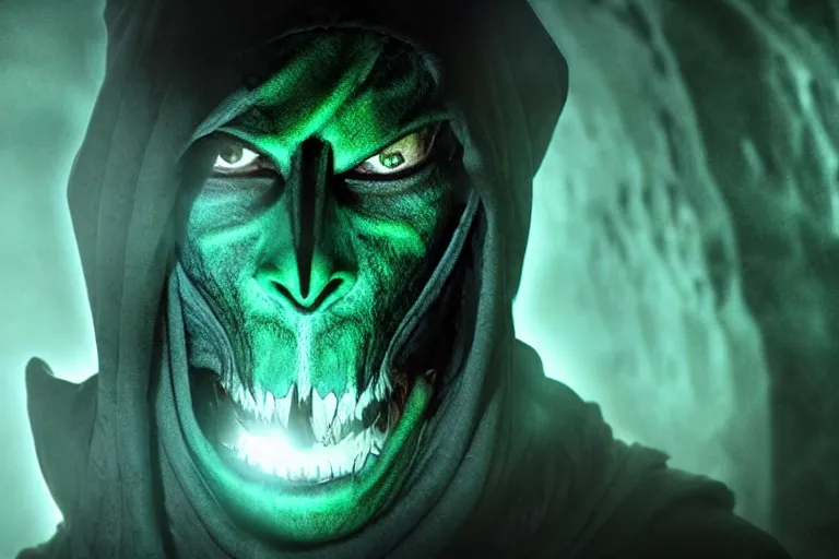 Image similar to vfx film, soul reaver, raziel irl, price of persia movie, missing jaw, hero pose, devouring magic souls, scarf, hood, glowing green soul blade, in epic ancient sacred huge cave temple, flat color profile low - key lighting award winning photography arri alexa cinematography, hyper real photorealistic cinematic beautiful, atmospheric cool colorgrade